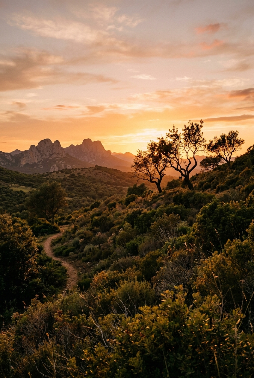 Goldener Sonnenuntergang über der stillen Landschaft der Ogliastra